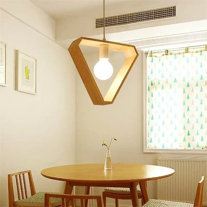 Geometric triangular hanging wooden lights dining room pendant pair