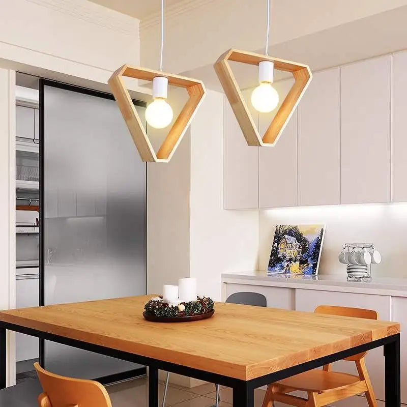 Geometric triangular hanging wooden lights dining room pendant pair
