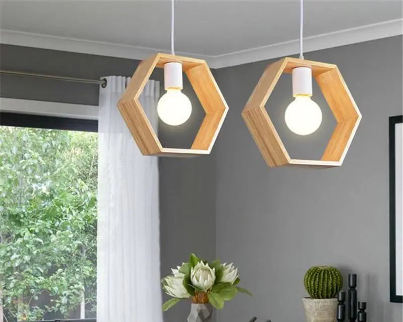 Geometric triangular hanging wooden lights dining room pendant pair