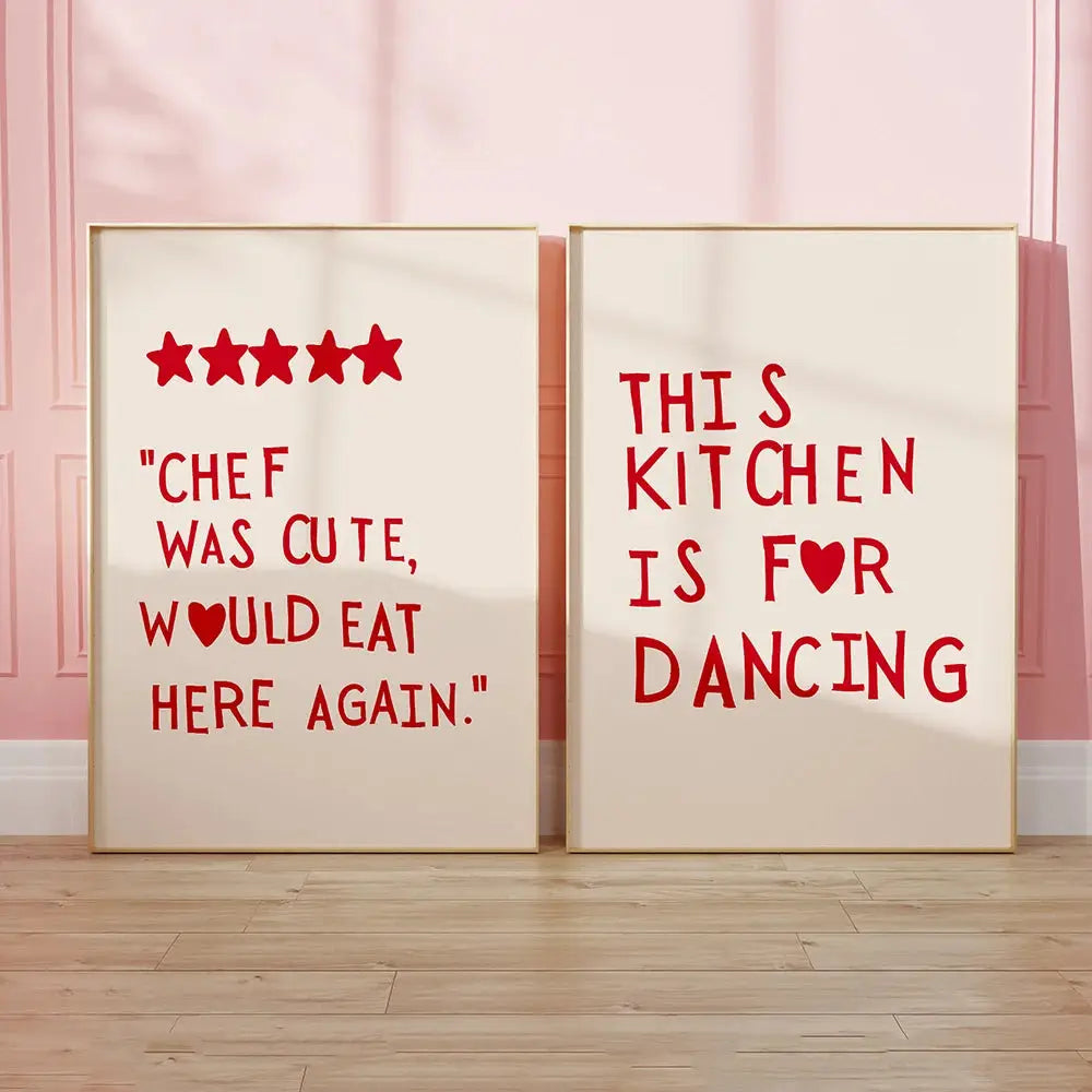 Modern gold framed heart red quote wall art set kitchen decor