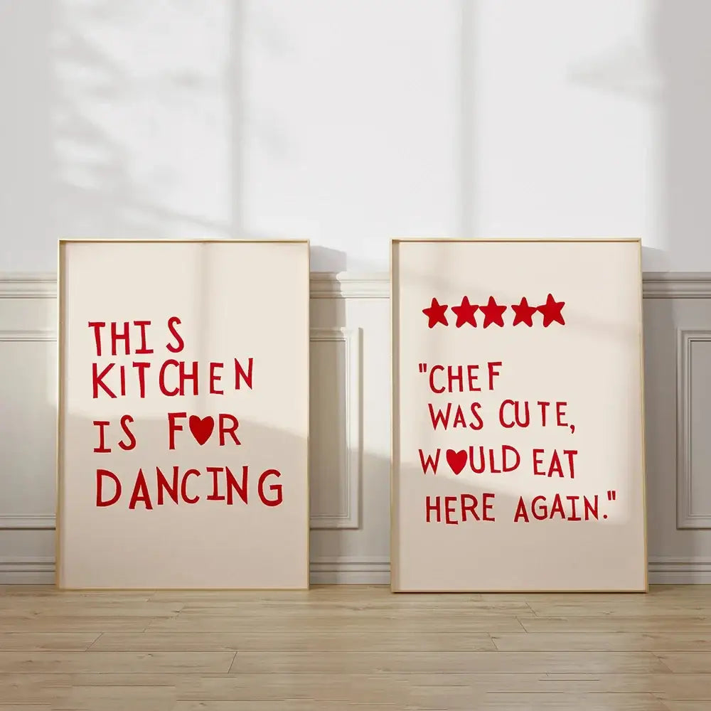 Modern gold framed heart red quote wall art set kitchen decor