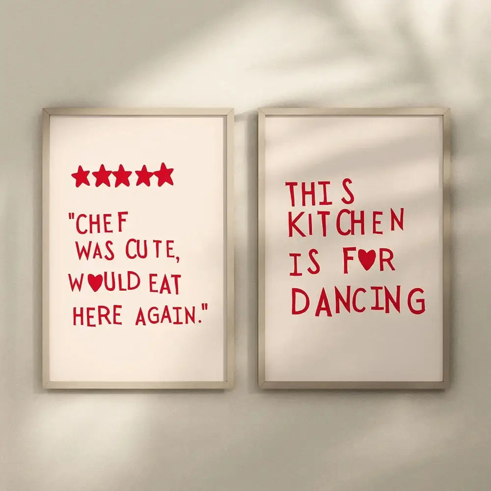 Modern gold framed heart red quote wall art set kitchen decor