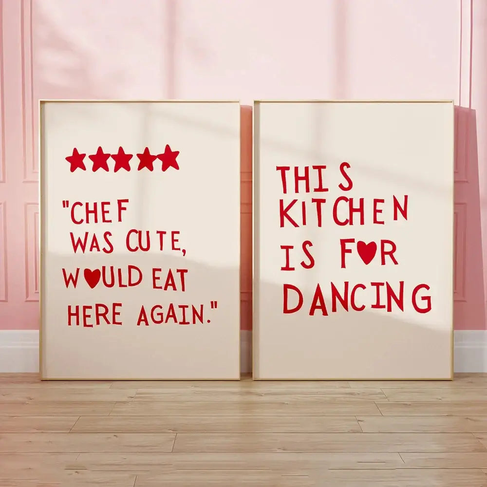Modern gold framed heart red quote wall art set kitchen decor