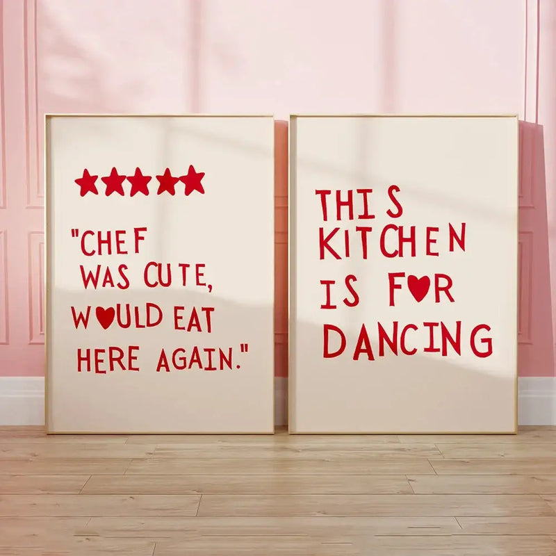 Modern gold framed heart red quote wall art set kitchen decor