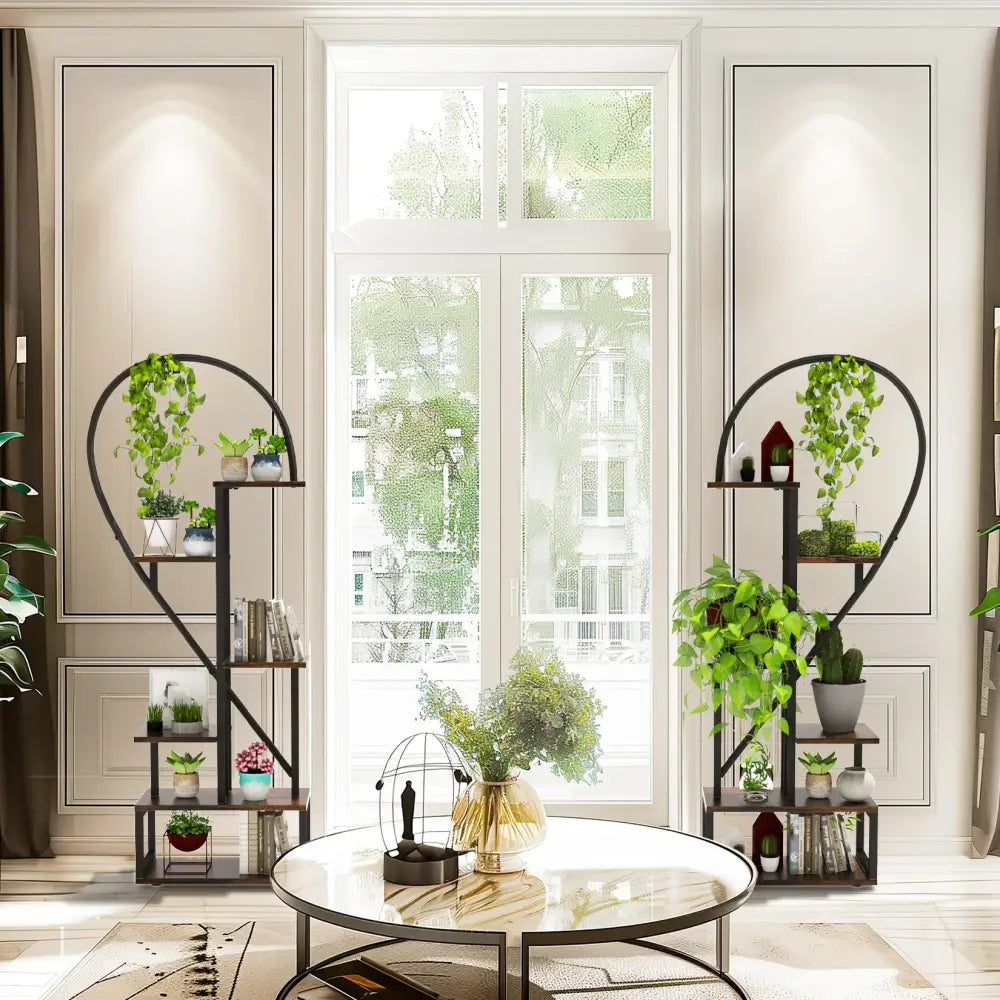 Black and wood heart shaped 6 tier plant stand living room shelf