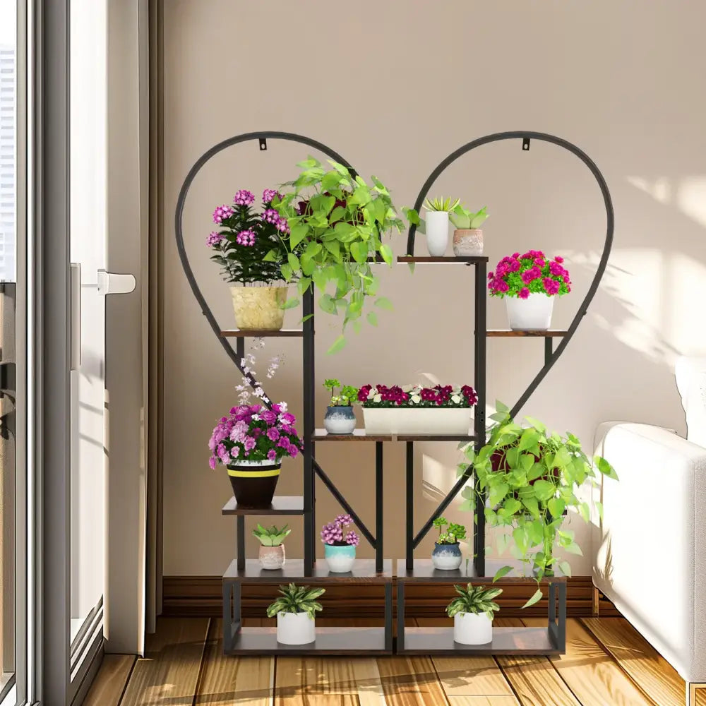 Black and wood heart shaped 6 tier plant stand living room shelf