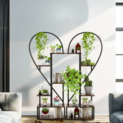 Black and wood heart shaped 6 tier plant stand living room shelf