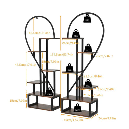 Black and wood heart shaped 6 tier plant stand living room shelf