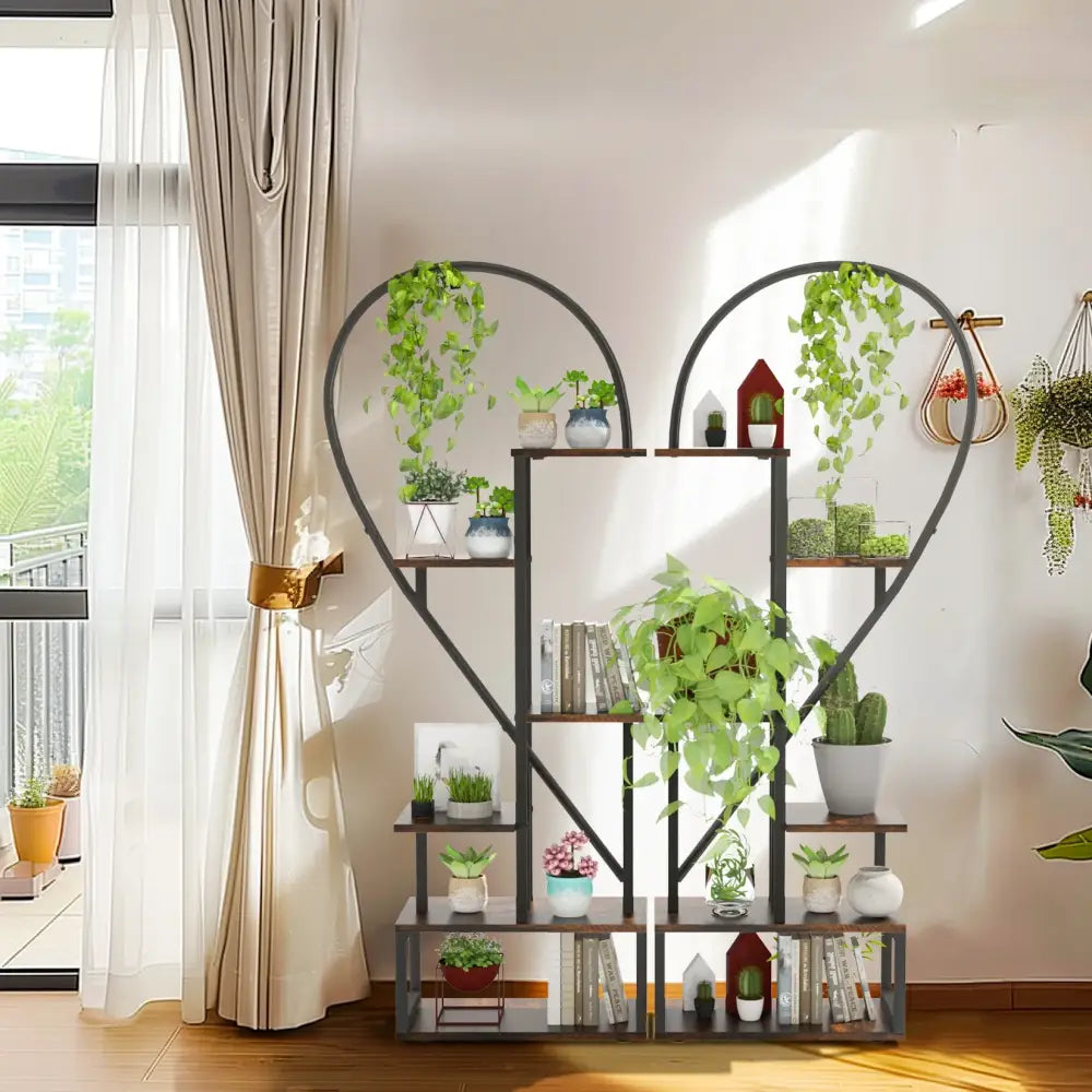 Black and wood heart shaped 6 tier plant stand living room shelf