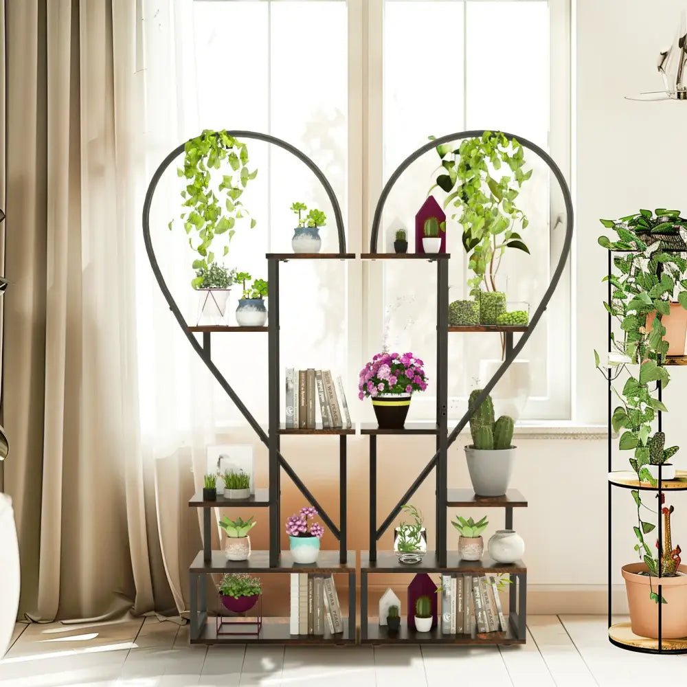 Black and wood heart shaped 6 tier plant stand living room shelf