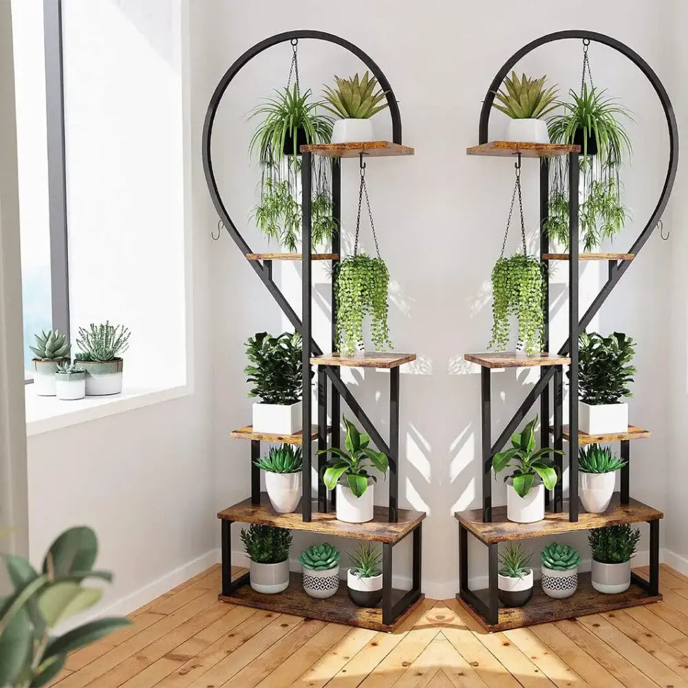Heart shape wood and metal plant stand for living room 20 pots
