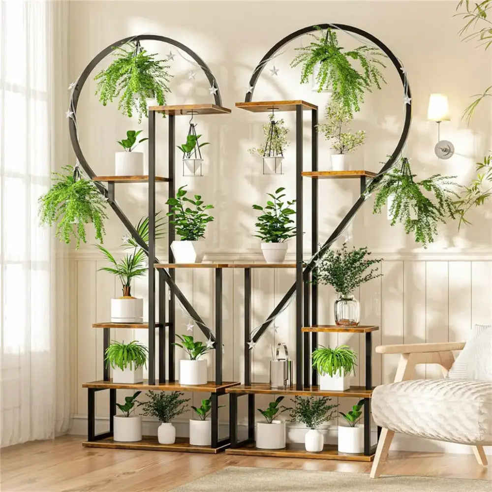 Heart shaped wood and metal plant stand with lights for living room