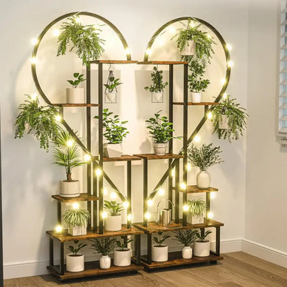 Heart shaped wood and metal plant stand with lights for living room