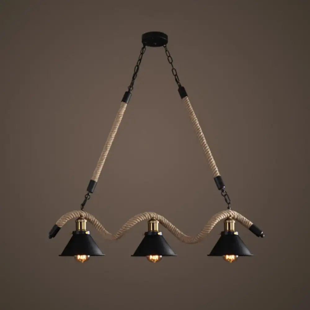 Industrial black hemp rope hanging lamp dining room triple bulb pendant