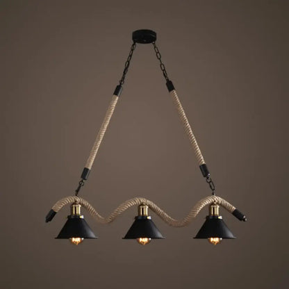 Industrial black hemp rope hanging lamp dining room triple bulb pendant