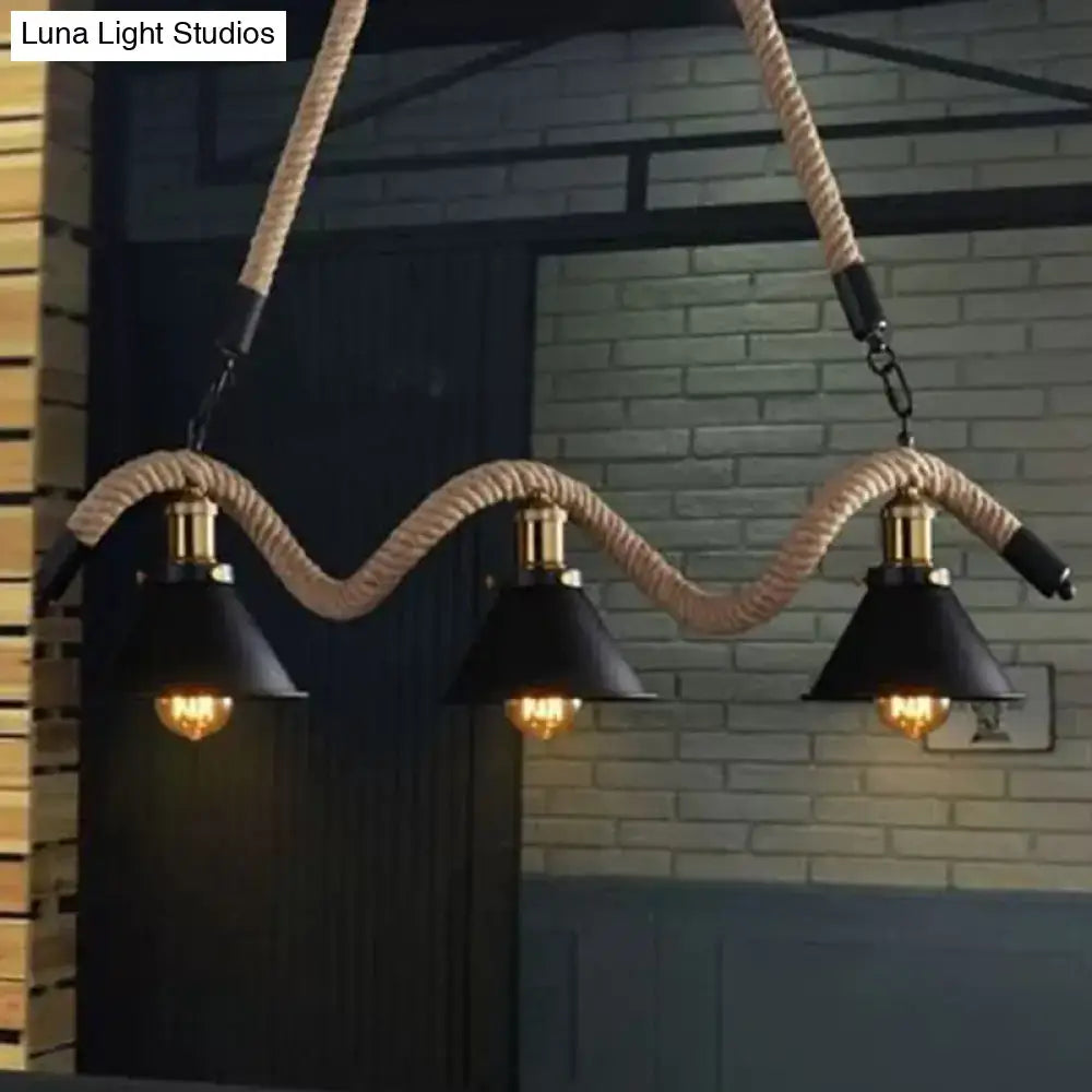 Industrial black hemp rope hanging lamp dining room triple bulb pendant