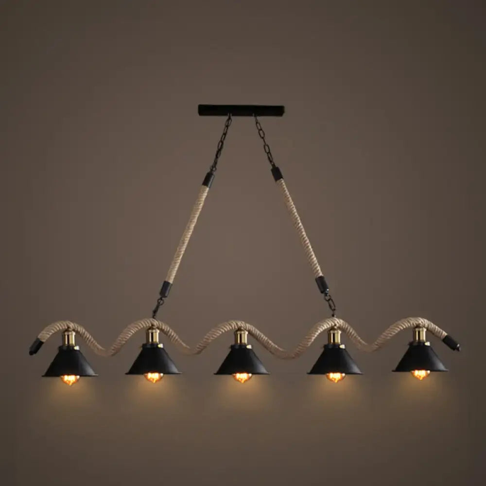 Industrial black hemp rope hanging lamp dining room triple bulb pendant
