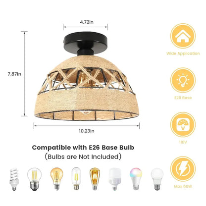 Boho jute woven hemp rope ceiling light for living room dome shade