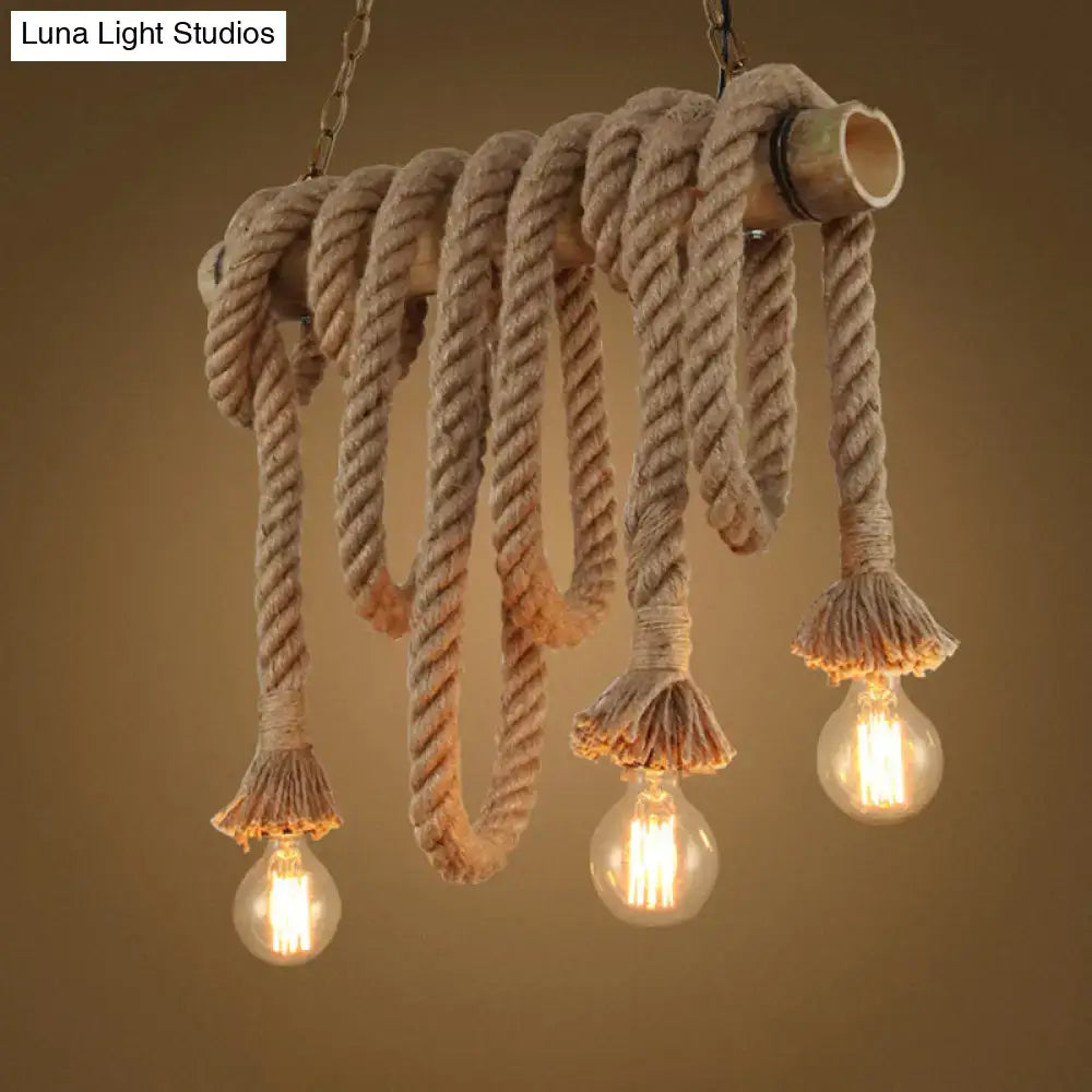 Industrial hemp rope and bamboo tube pendant light kitchen island