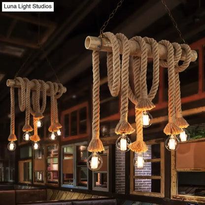 Industrial hemp rope and bamboo tube pendant light kitchen island