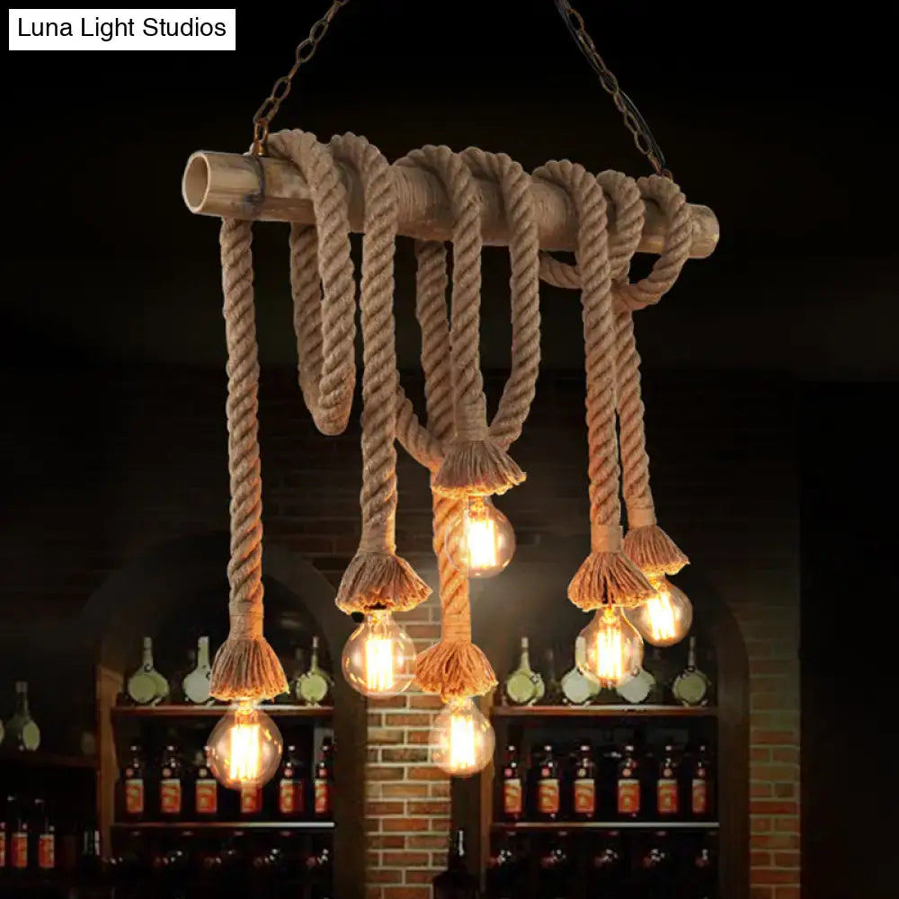 Industrial hemp rope and bamboo tube pendant light kitchen island