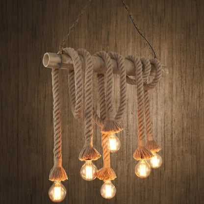 Industrial hemp rope and bamboo tube pendant light kitchen island