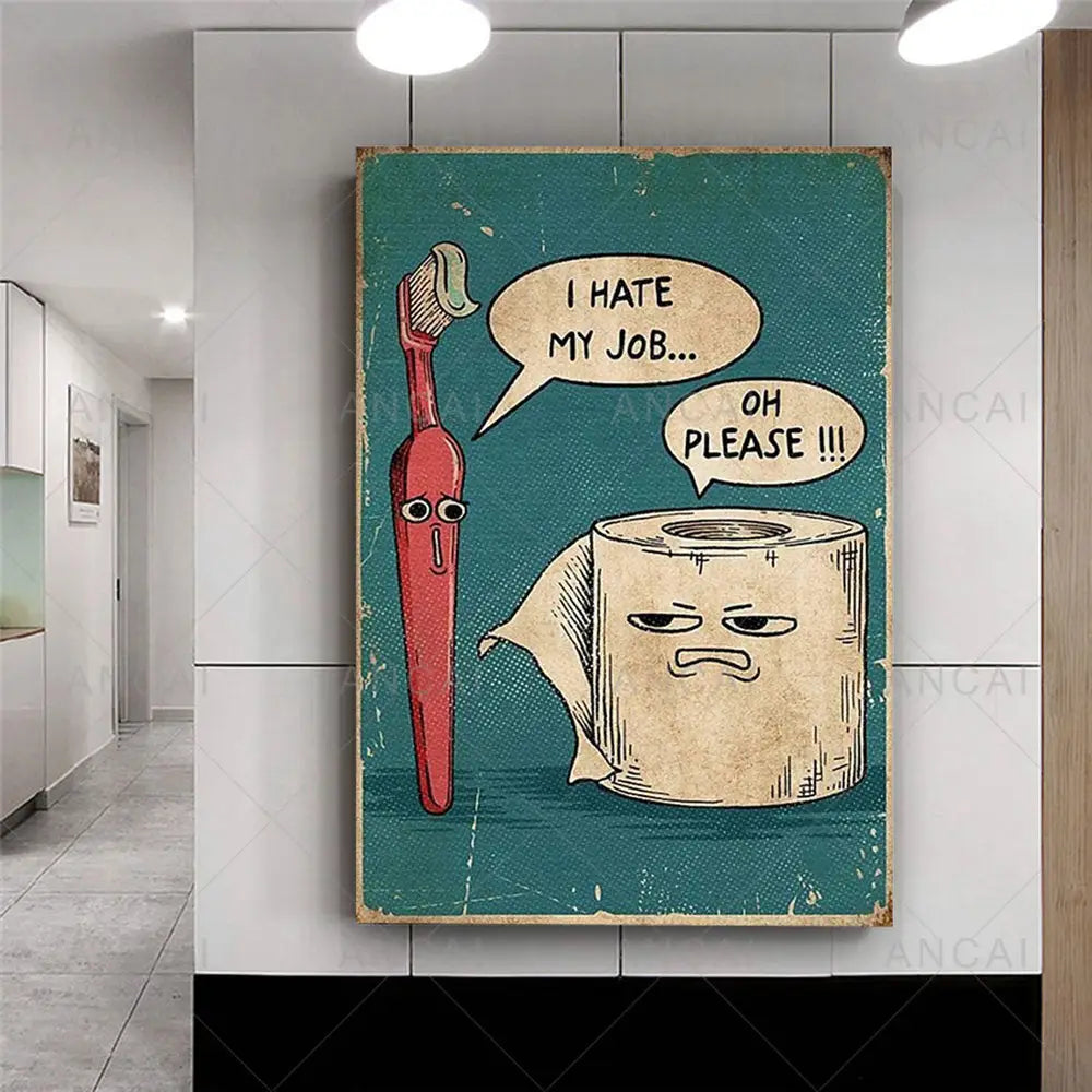 Vintage teal humorous bathroom poster print with cartoon characters