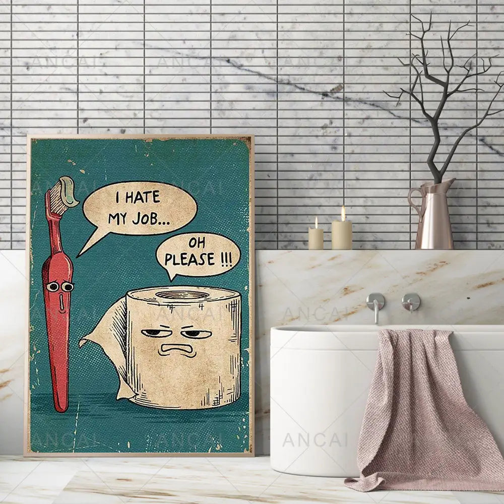 Vintage teal humorous bathroom poster print with cartoon characters
