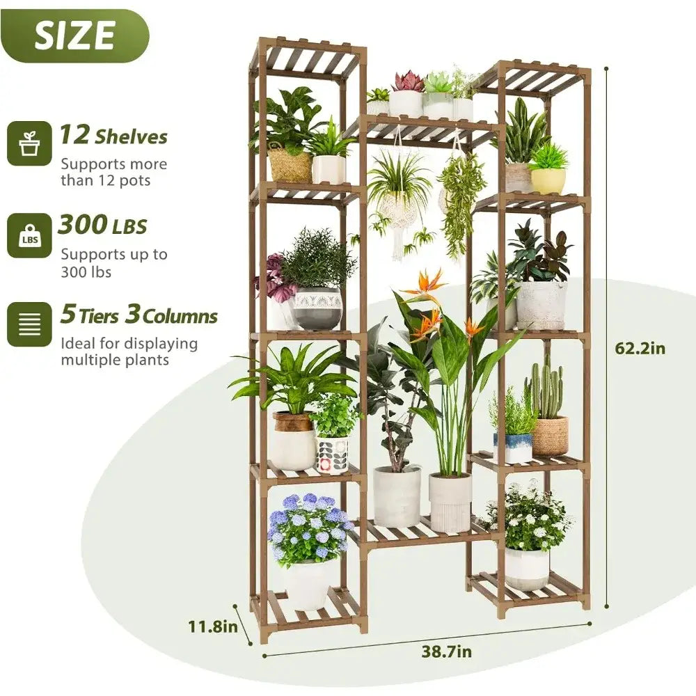 Modern 12 tier wooden plant stand with grow lights for living room