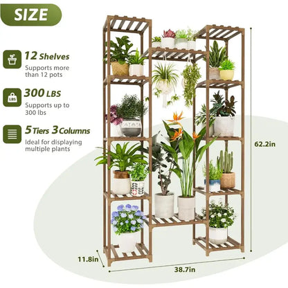 Modern 12 tier wooden plant stand with grow lights for living room
