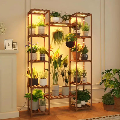 Modern 12 tier wooden plant stand with grow lights for living room