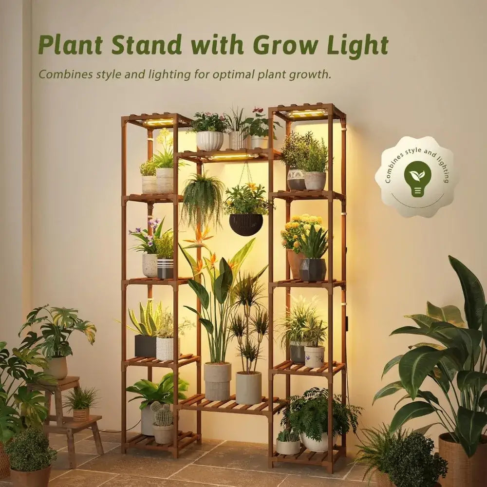 Modern 12 tier wooden plant stand with grow lights for living room