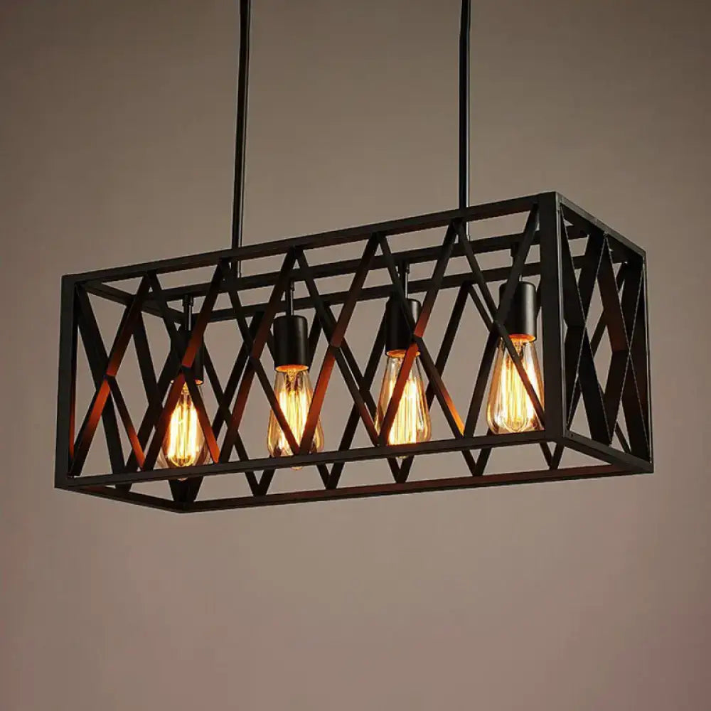 Industrial black iron pendant light rectangle frame dining room kitchen