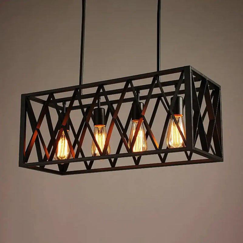 Industrial black iron pendant light rectangle frame dining room kitchen