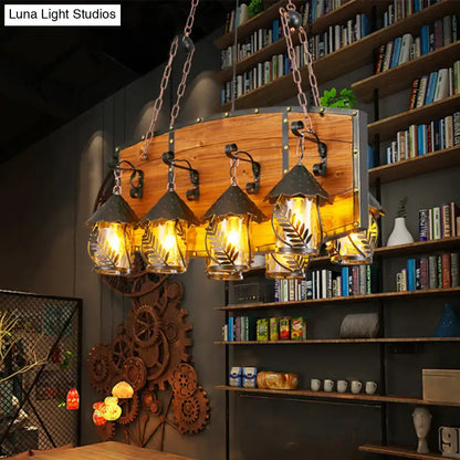 Rustic wood and black lantern island pendant light for dining room