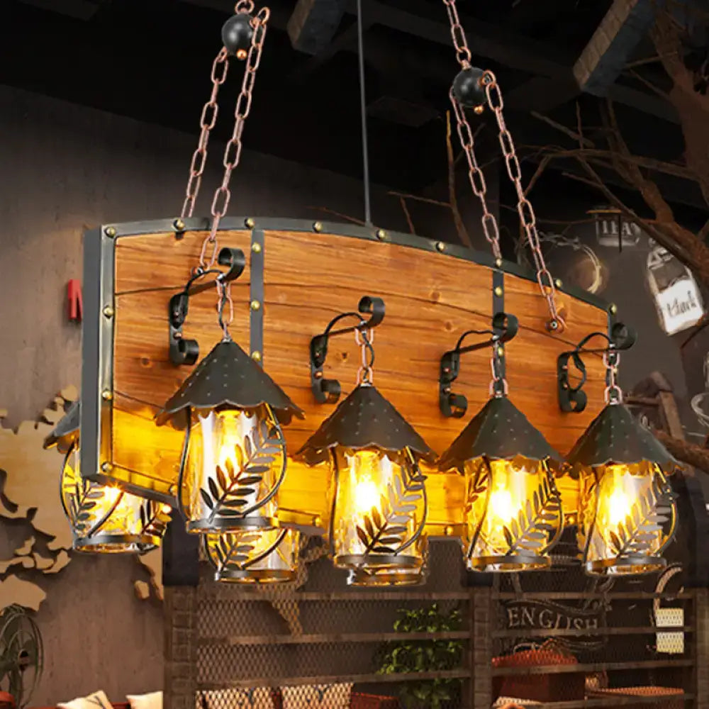 Rustic wood and black lantern island pendant light for dining room