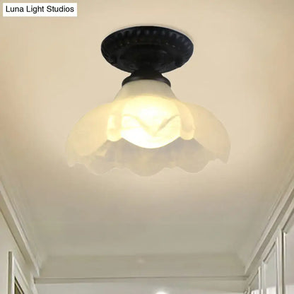 Industrial black and white semi flush ceiling light – gallery milky glass