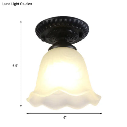 Industrial black and white semi flush ceiling light – gallery milky glass