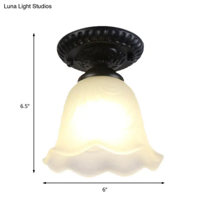 Industrial black and white semi flush ceiling light – gallery milky glass