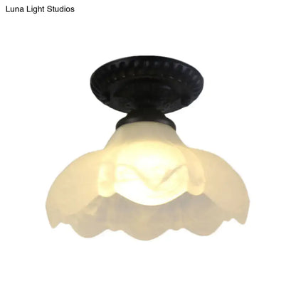 Industrial black and white semi flush ceiling light – gallery milky glass