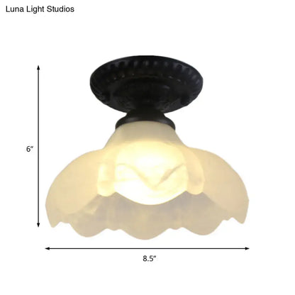 Industrial black and white semi flush ceiling light – gallery milky glass