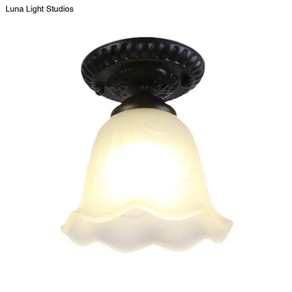 Industrial black and white semi flush ceiling light – gallery milky glass