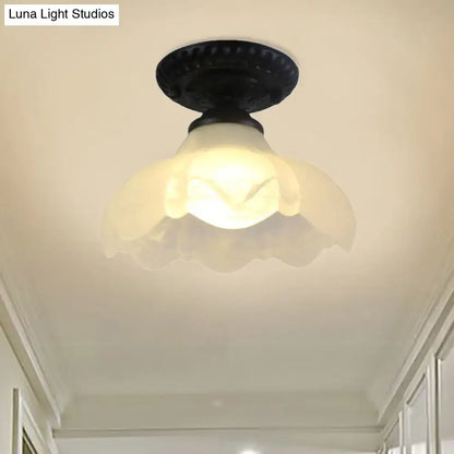 Industrial black and white semi flush ceiling light – gallery milky glass