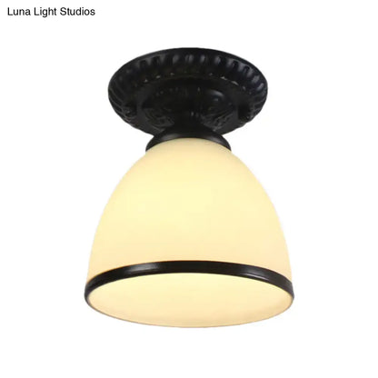 Industrial black and white semi flush ceiling light – gallery milky glass
