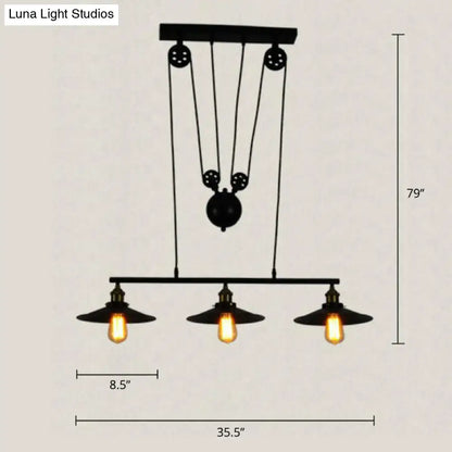 Industrial black wide flare pulley pendant light dining room fixture