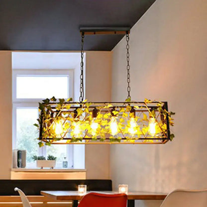 Industrial cage metal pendant light with imitation leaf dining room