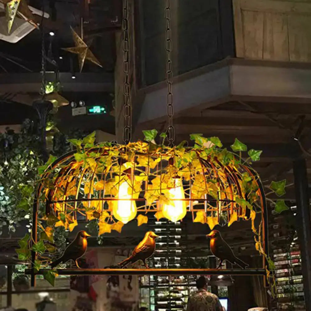 Industrial cage metal pendant light with imitation leaf dining room