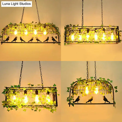 Industrial cage metal pendant light with imitation leaf dining room