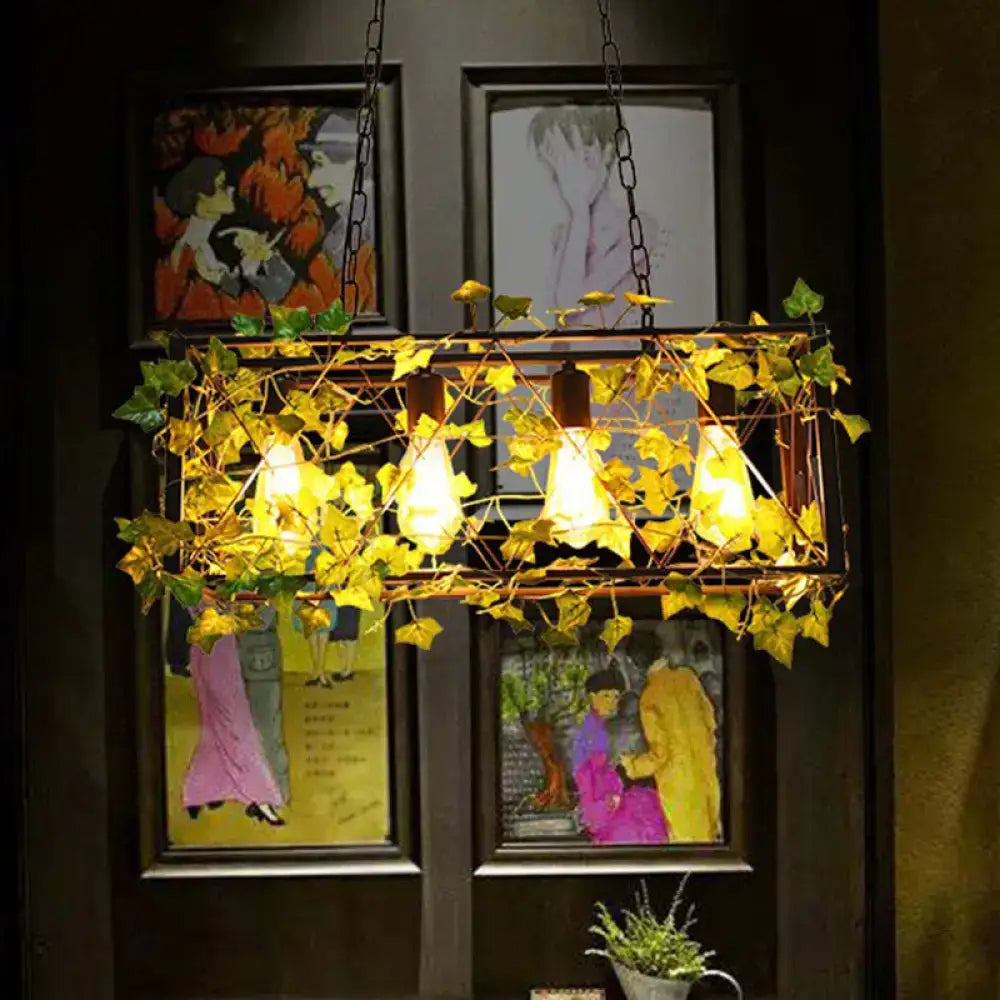 Industrial cage metal pendant light with imitation leaf dining room