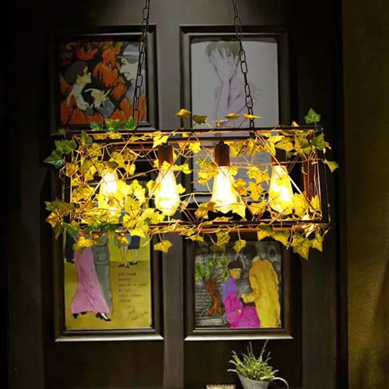 Industrial cage metal pendant light with imitation leaf dining room